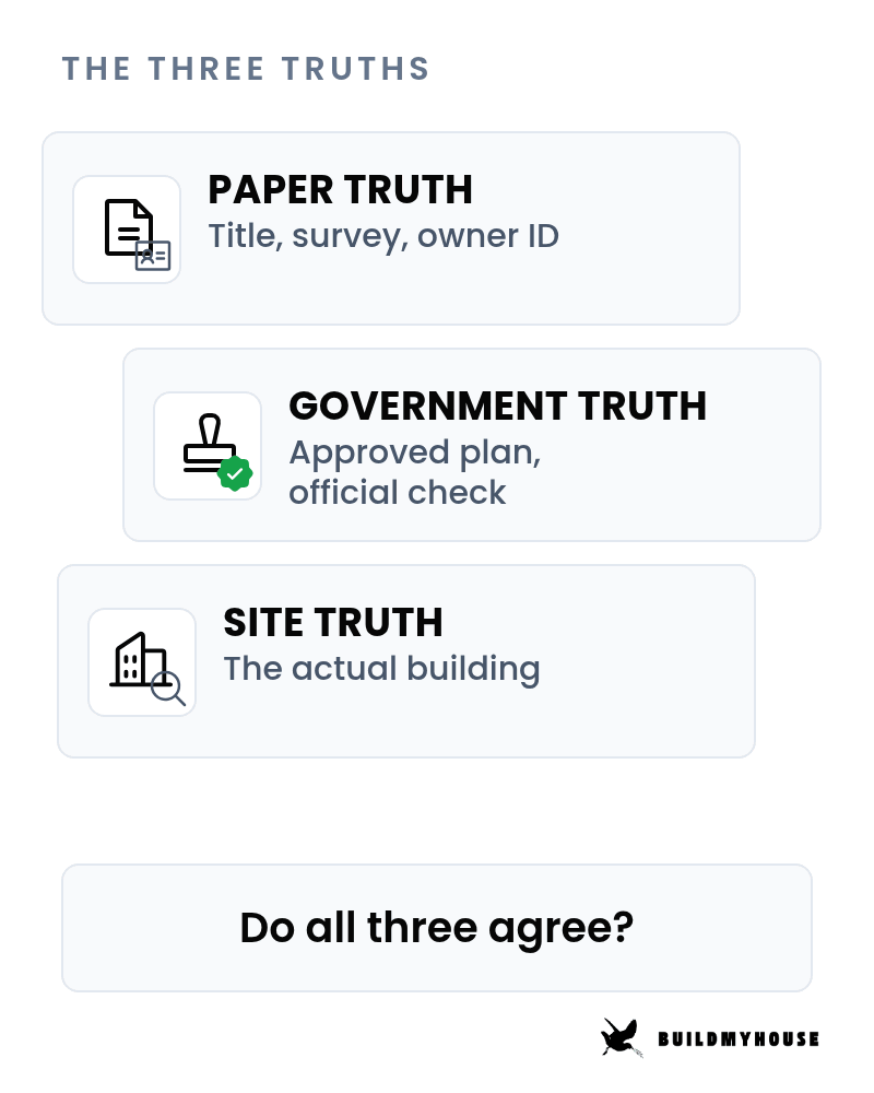 The three truths of a property purchase: paper truth for the title, survey and owner identity; government truth for the approved plan and official check; site truth for the actual building. The question is whether all three agree.